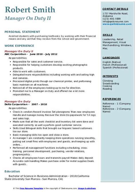 manager on duty resume|Duty Manager Resume Samples .